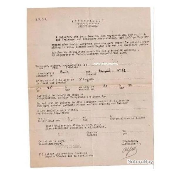 RARE sncf certificat retard Allemand Fran�ais Paris gare st lazare S.N.C.F 1940 1945 occupation