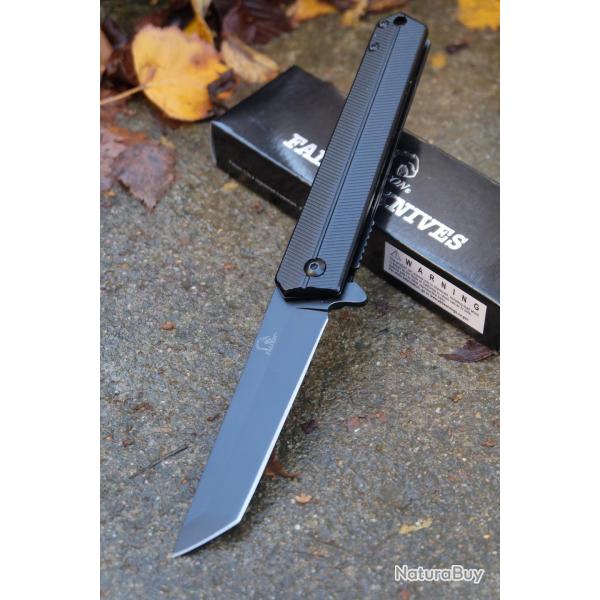 Couteau Tactical Urbain Falcon Semi-Automatique Lame Tanto Acier 440 Manche Acier Black Linerlock01