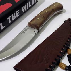 Couteau American Hunter Style Native Trappeur Lame Acier 1055 Carbon Manche Rosewood Housse Cuir