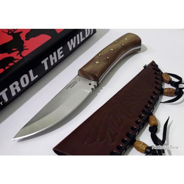Couteau American Hunter Style Native Trappeur Lame Acier 1055 Carbon Manche Rosewood Housse Cuir