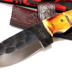 Couteau Skinner Survie Chasse American Hunter Lame Acier Carbone 1055 Martel&eacute;e Manche Os Etui Cuir