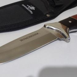 Couteau de Chasse Bushcraft Winchester Lame Acier 420 Manche Bois Etui Nylon