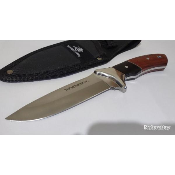 Couteau de Chasse Bushcraft Winchester Lame Acier 420 Manche Bois Etui Nylon