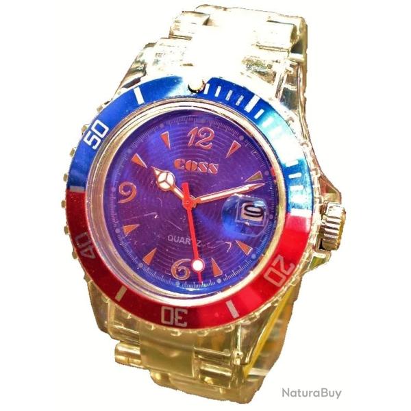Montre rouge et bleu Cadran profond fond bleu avec dateur et aiguilles luminescentes