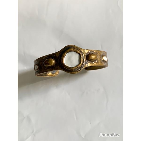 Bracelet Manchette St Luc | Bronze Brutaliste & �mail Blanc | Design Fran�ais 1960 Sign�