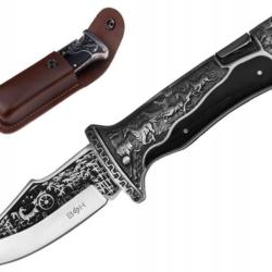 Couteau de Chasse Pliant BSH   Gravures Prestige  &Eacute;tui en CUIR V&eacute;ritable