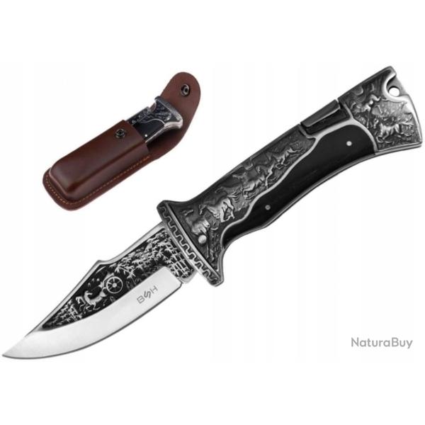 Couteau de Chasse Pliant BSH   Gravures Prestige  �tui en CUIR V�ritable