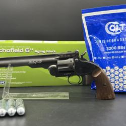 Pack Revolver Schofield 6" Aging black calibre 6mm Airsoft ASG + 3200 Billes + 5X Capsules CO2