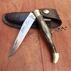 Joli Couteau CALMELS A LAGUIOLE 2 Pi&eacute;ces Manche en Corne avec &Eacute;tui en Cuir
