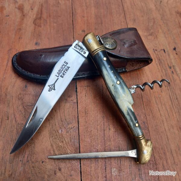 Joli Couteau LAGUIOLE EXTRA G.DAVID 3 Pi�ces Manche en Corne avec �tui en Cuir