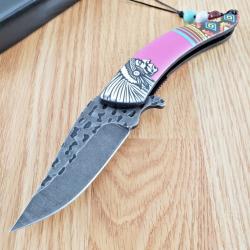 Couteau Semi Automatique Indien Native Spirit Chef Lame Acier Inox Manche Fushia avec perles Linerlo