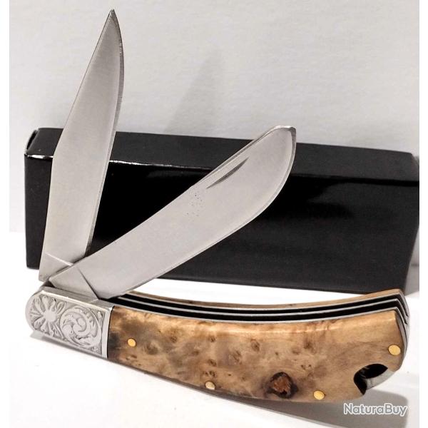 Couteau De Grand P�re S-TEC Slip Joint | 2 Lames Acier Inox Satin | Manche Burl Wood | Traditionnel