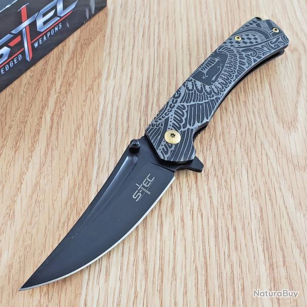 Couteau S-TEC Golden Boy Lame Acier 440 Black Manche Acier Noir & Or Semi-Automatique Framelock