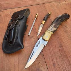 Gros Couteau de Chasse LAGUIOLE Manche en Corne+Aiguiseur et petit Couteau avec &Eacute;tui en cuir