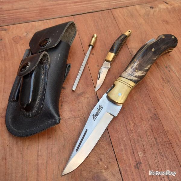 Gros Couteau de Chasse LAGUIOLE Manche en Corne+Aiguiseur et petit Couteau avec �tui en cuir