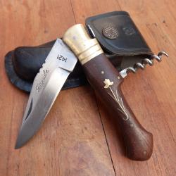 Gros Couteau de Chasse LAGUIOLE 2 Pi&eacute;ces Manche en Bois avec &Eacute;tui en cuir