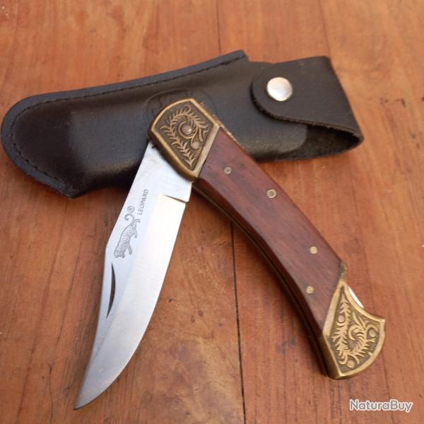 Gros Couteau de Chasse L�OPARD Manche en Bois avec �tui en Cuir