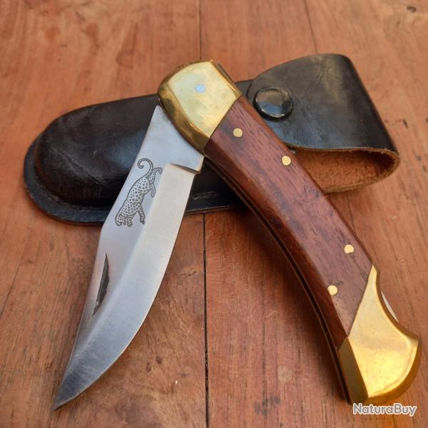 Grand Couteau de Chasse L�OPARD Manche en Bois avec �tui en Cuir