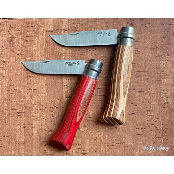 Lot 2 couteaux opinel N�08 Bouleau lamell� brun et rouge