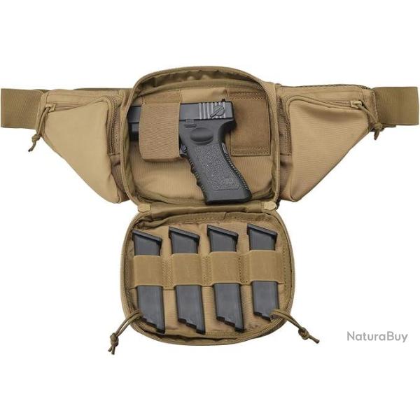 SAC TACTIQUE MULTIPOCHES POUR ARME DE POING + CHARGEURS OU ACCESSOIRES - KAKI