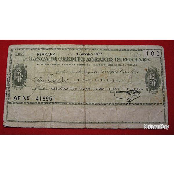 Italie, billet de 100 lires (credito agrario di ferrara) de 1977 tb+