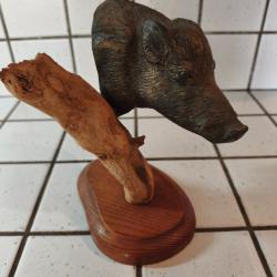 Sculpture T&ecirc;te de sanglier en bois