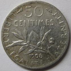 Pi&egrave;ce de monnaie Fran&ccedil;aise, 50 Centimes, 1908, Semeuse argent, (48).