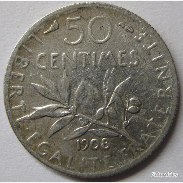 Pi�ce de monnaie Fran�aise, 50 Centimes, 1908, Semeuse argent, (48).