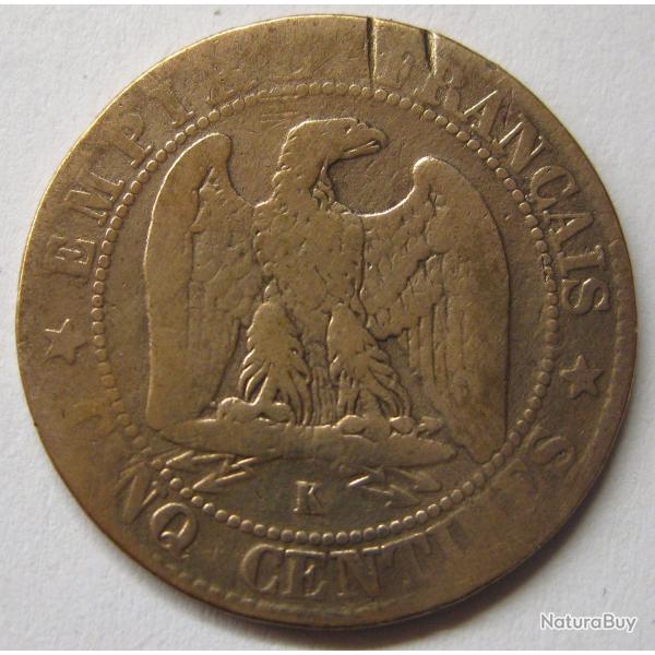 Pi�ce de monnaie Fran�aise de 5 centimes, 1854 K, Napol�on III t�te nue, (87).