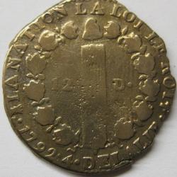 Pi&egrave;ce de monnaie Fran&ccedil;aise de 12 Deniers, 1792 I, An 4, Louis XVI, (100).
