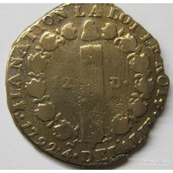 Pi�ce de monnaie Fran�aise de 12 Deniers, 1792 I, An 4, Louis XVI, (100).