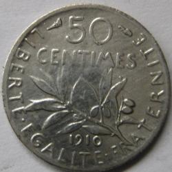Pi&egrave;ce de monnaie Fran&ccedil;aise de 50 centimes Semeuse argent, 1910, (108).