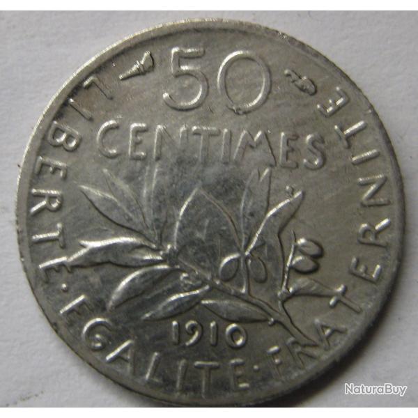 Pi�ce de monnaie Fran�aise de 50 centimes Semeuse argent, 1910, (108).