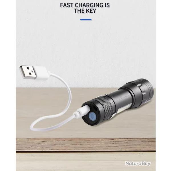 Mini lampe de poche aste USB, COB + XPE, portable, batterie int�gr�e, petite torche zoomable, 3 mode