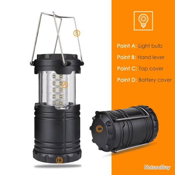 Lampe de tente 30 LED, �tanche, aliment�e par 3 piles AAA, lumi�re d'urgence, lanterne portable, �cl