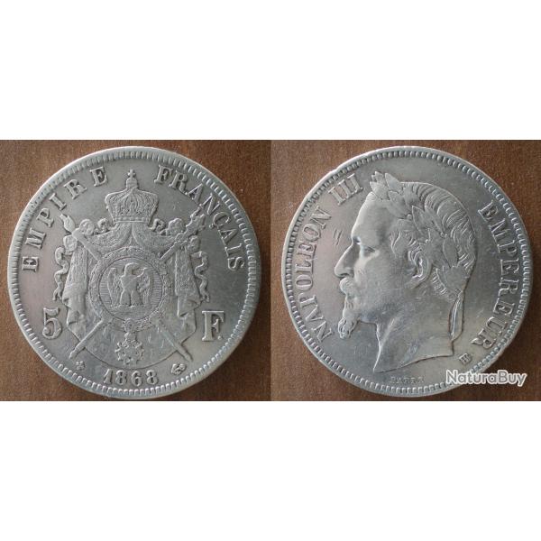 France 5 Francs 1868 BB Atelier Strasbourg Piece Argent Ecu Piece Frcs Frs Frc