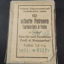 1494 - Paquet original de 10 cartouches 7.5 x 53.5 Suisse GP90 - balle nickel arrondie avec calepin