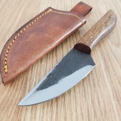 Couteau Skinner Survie Rando Bark Skinner Lame Forg&eacute;e Acier Carbone 1045 Manche Bois Etui Cuir 01