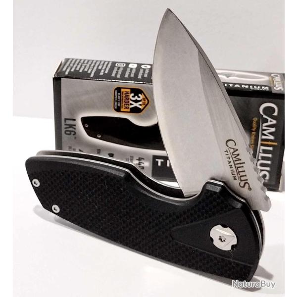 Couteau Camillus LK6 | Lame Drop Point Acier 440 Titanium | Manche Black G10 & Acier Framelock 01
