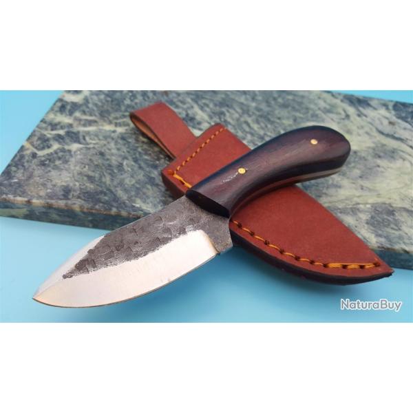 Couteau de Chasse Skinner Lame Acier Carbone 1055 Manche Micarta Etui Cuir