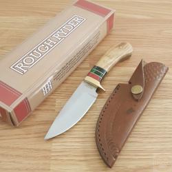Couteau de Chasse Rough Rider Wood Handle Skinner Lame Acier 440 Satin Manche Bois Etui Cuir