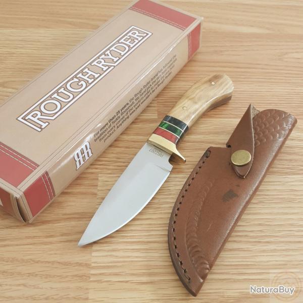 Couteau de Chasse Rough Rider Wood Handle Skinner Lame Acier 440 Satin Manche Bois Etui Cuir