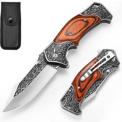 Couteau Pliant Couteau de Randonn&eacute;e Acier 420, Poign&eacute;e En Bois, Avec &eacute;tui En Cuir