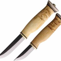 Lot de 2 Couteaux Jewel Kaksoispuukko Lame Acier Carbone Manche Bouleau &Eacute;tui Cuir Finlande WJ2
