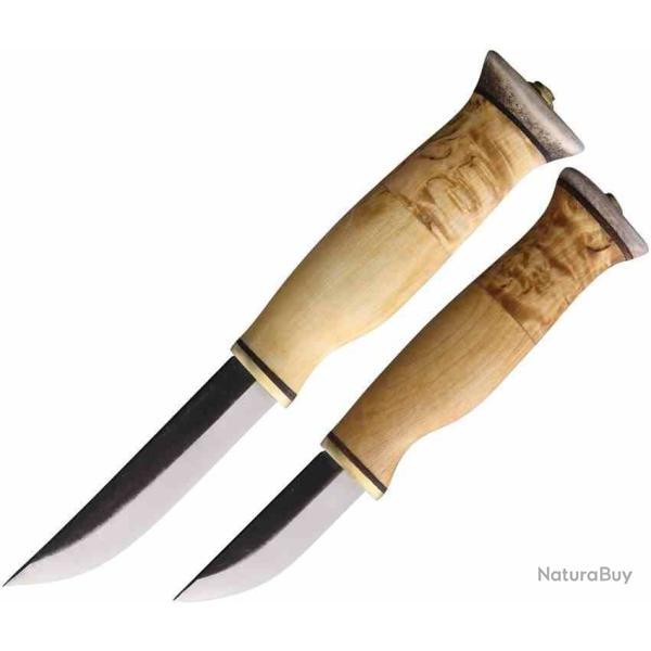 Lot de 2 Couteaux Jewel Kaksoispuukko Lame Acier Carbone Manche Bouleau �tui Cuir Finlande WJ2