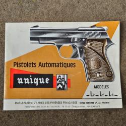 Brochure technique des pistolets Unique mod&egrave;les L originale