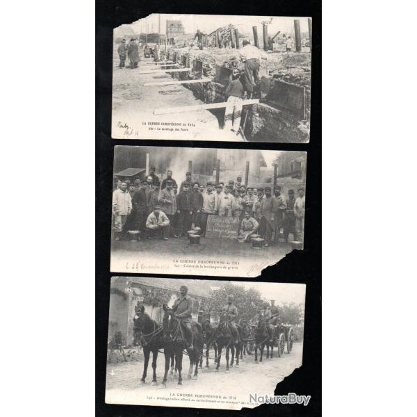 la guerre europ�enne de 1914 , 3 cartes abim�es boulangerie , attelage indien , montage fours boula