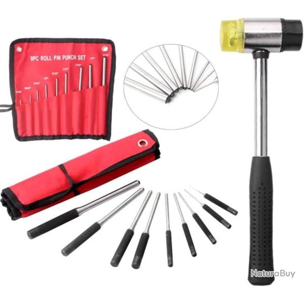 SET DE 9 CHASSE-GOUPILLES + MARTEAU � EMBOUT CAOUTCHOUC - LIVRAISON GRATUITE