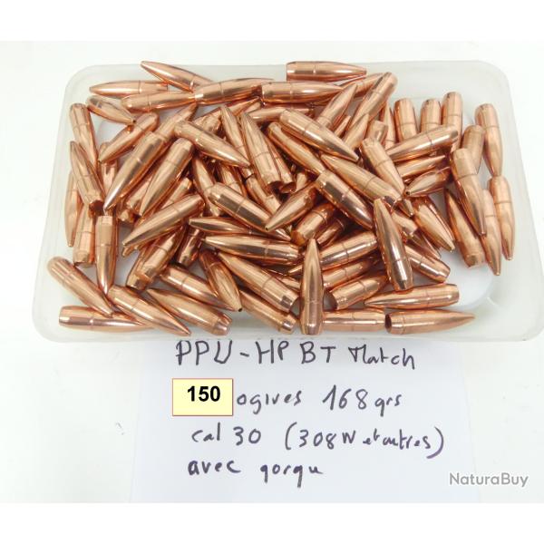 LOT DE 150 OGIVES GORGE PPU HP BT MATCH CAL 30 TYPE 308