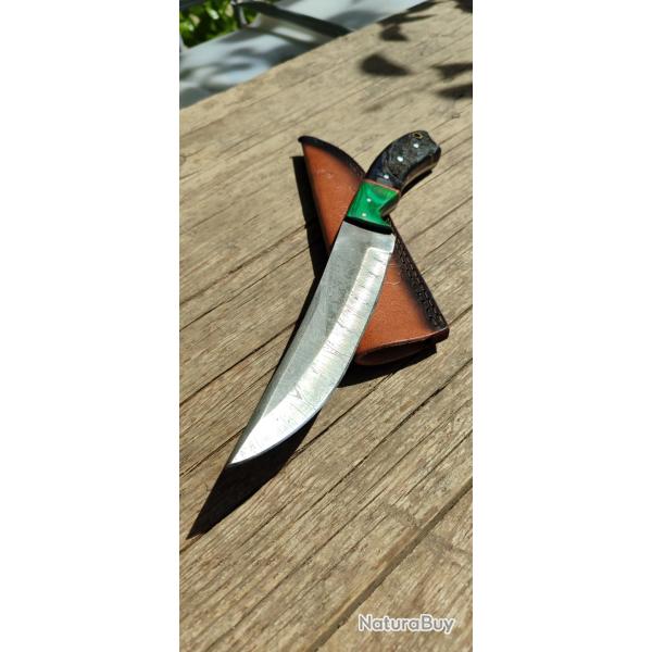 Poignard Bowie manche bois �tui en cuir lame en acier Damas 256 couches MANCHE EN CORNE DE BELIER